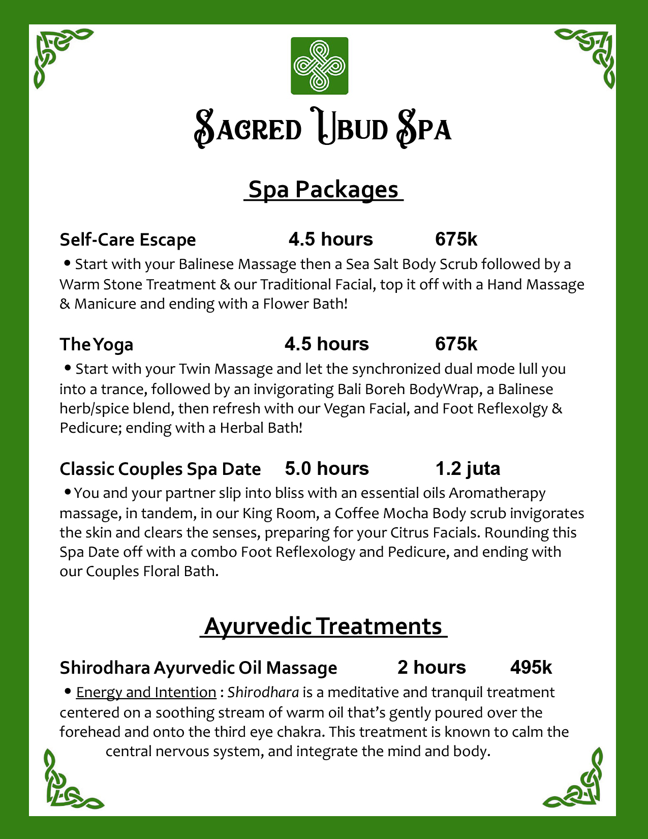 Sacred Ubud Spa treatment menu page 3
