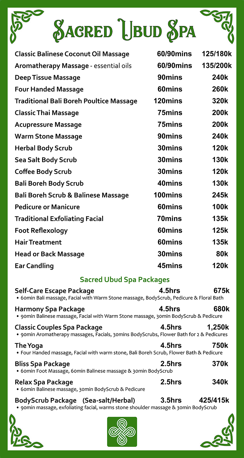 Sacred Ubud Spa street price list