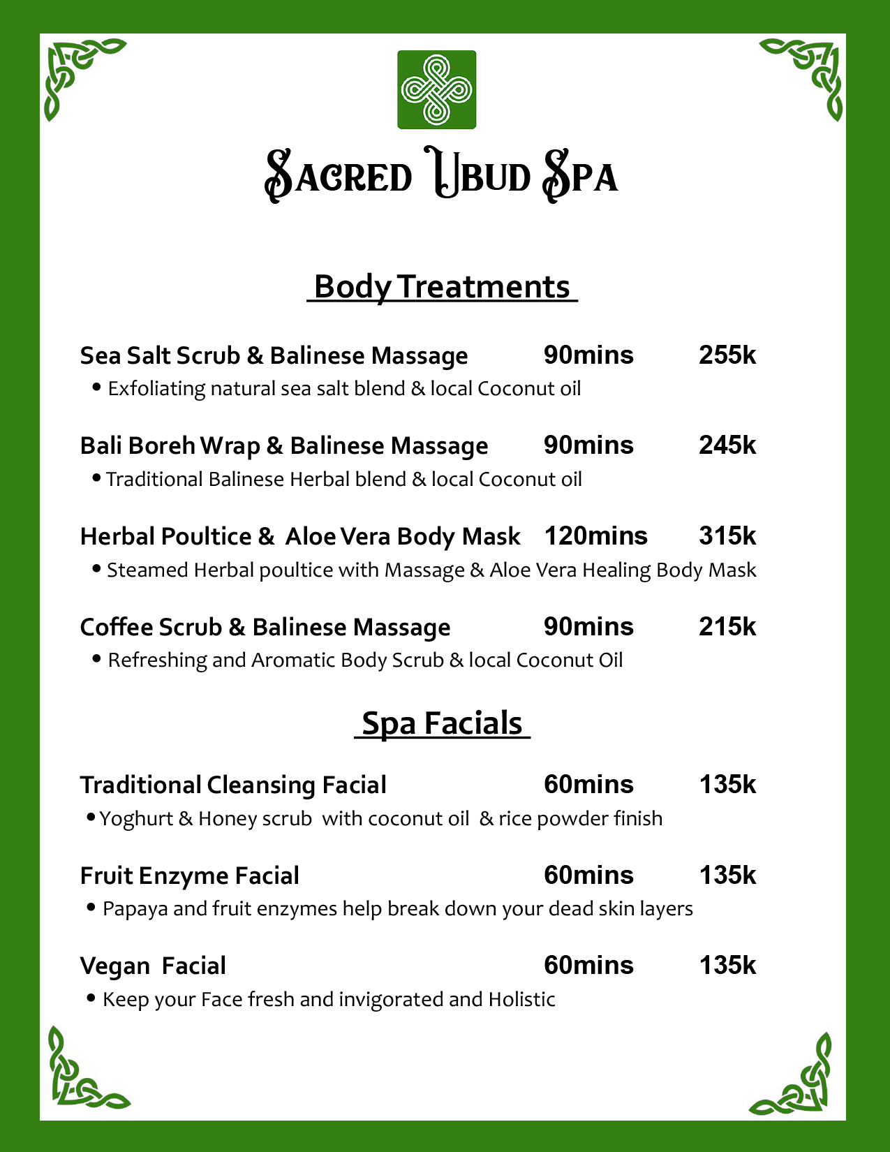 Sacred Ubud Spa treatment menu page 2