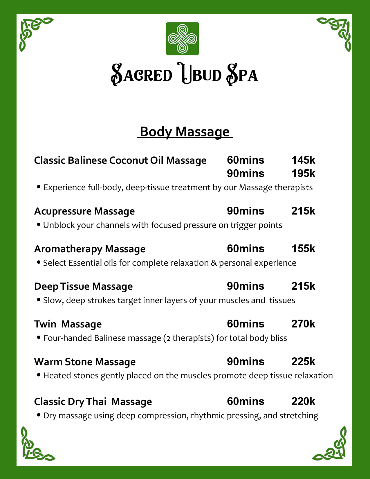 Sacred Ubud Spa treatment menu page 1