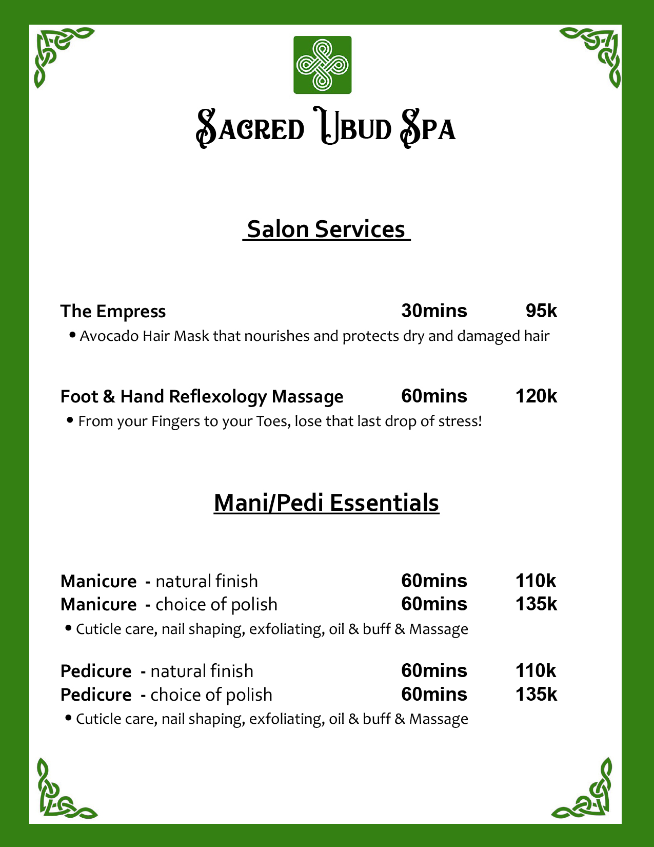 Sacred Ubud Spa treatment menu page 4